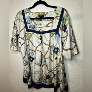 YASB Women's Top - Blue, White, and Green Floral 100% Silk